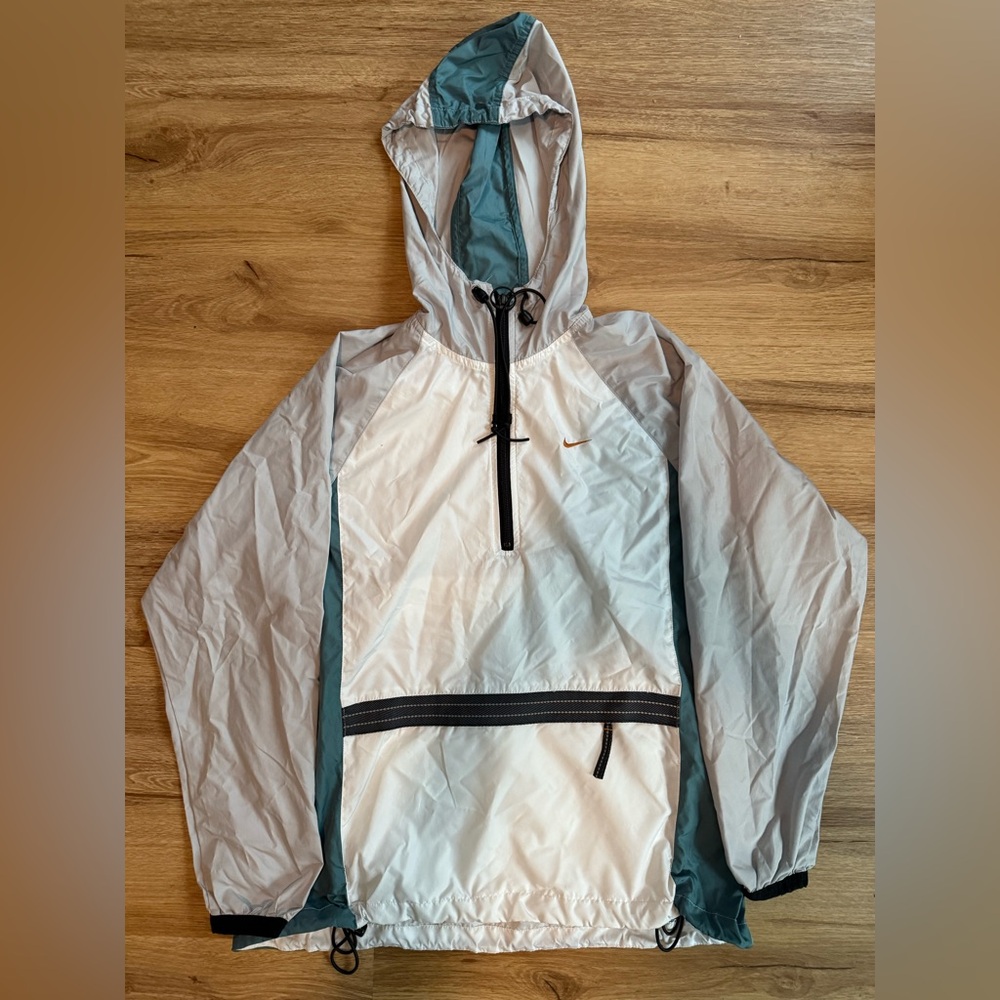 Vintage Women’s Nike White and Teal Rain Jacket